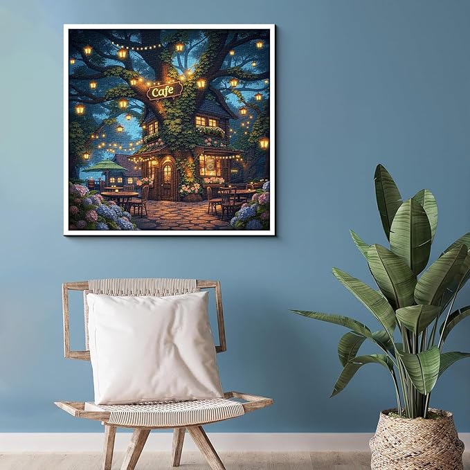 Treehouse Cafe Puzzles for Adults 1000 Pieces, Fantasy Forest Night Jigsaw Puzzles, Magical Tree Coffee Shop Scene