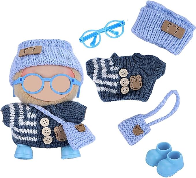 Ezcora Knitting Outfit Set for 17cm Dolls, 4 Cozy Sweaters with Hats, Shoes, Glasses Bags, 6.7-Inch Doll Accessories, Gift Idea, (No Dolls)