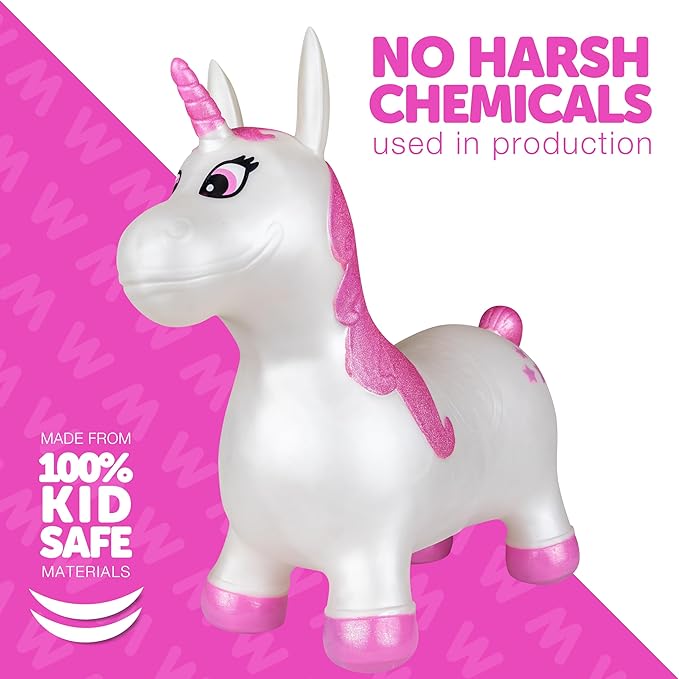 Waddle Bouncy Animal Hopper - Inflatable Hopping Animals, Indoors and Outdoors Fun, Pump Included, Riding Toys for Boys and Girls Ages 2 Years and Up, White Pink Unicorn