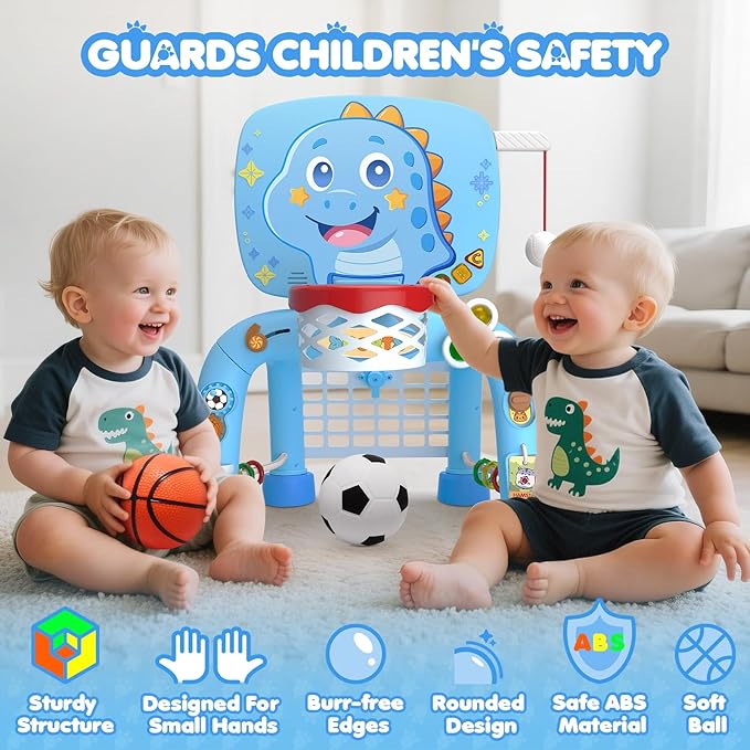 Toys For 1 Year Old Boy - Toddler Basketball Hoop&Soccer Goal&Baseball Sport Activity Center,Montessori Sensory Musical Toy With Light,Christmas Birthday Gift for Age 12-18 Month(Sky Blue Dinosaur)
