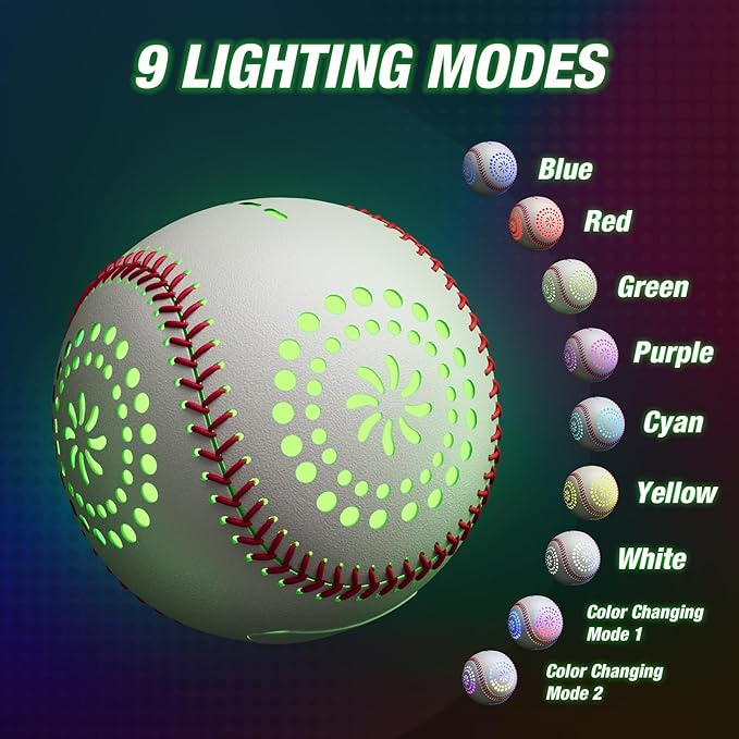 Kids Baseball Glove with Light Up Baseball/LED Rechargeable, 9 Lighting Modes Official Size Leather Weighted Glow Baseballs for Day Night, Sport Toys Games for Youth Boys