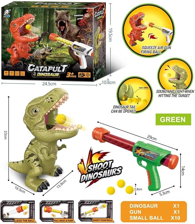 Air Gun Hit Dinosaur Green, 12pcs Sport Shooting Set, Reaction Game, Indoor Target Practice (11.4 x 4.3 x 7.7 in)