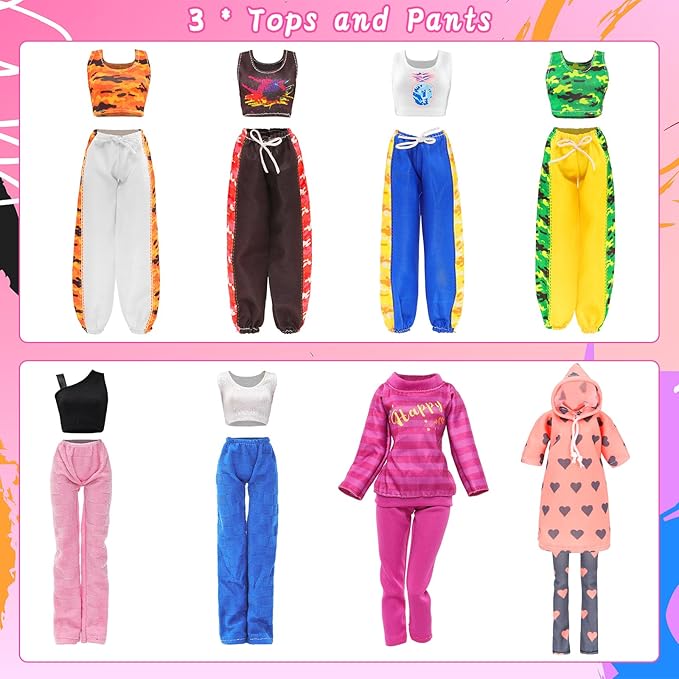 22 PCS Doll Sport Clothes and Accessories for 11.5 Inch Girl Doll Including 4 Fashion Dresses 6 Tops 6 Pants 5 Flat Shoes 2 Sunglasses 2 Shoulder Bag and 3 Water Cup