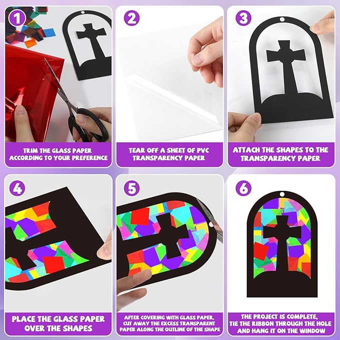 QOUBAI 32 Sets Cross Suncatchers Craft Kit DIY Religious Window Stained Glass Effect Christian VBS Paper Hanging Ornament Kid Easter Sunday School Birthday Gift Creative Art Project Activity Game