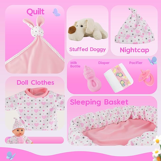 SMILESSKIDDO Baby Doll, Soft Body Baby Dolls Set with Bassinet & Accessories, First Toddler Doll with Eyes Open/Close, Pretend Play Gift for Girls Ages 1 2 3 4 5 6