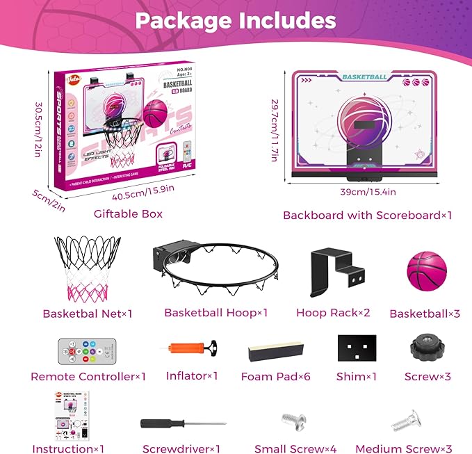 VATOS Basketball Hoop for Girls Indoor, LED Basketball Hoop with 7 Color Lights, Glowing Rim, Scoreboard & Remote Controller, Basketball Set Sports Toys Birthday Gifts for Girls Kids Teens 5-12