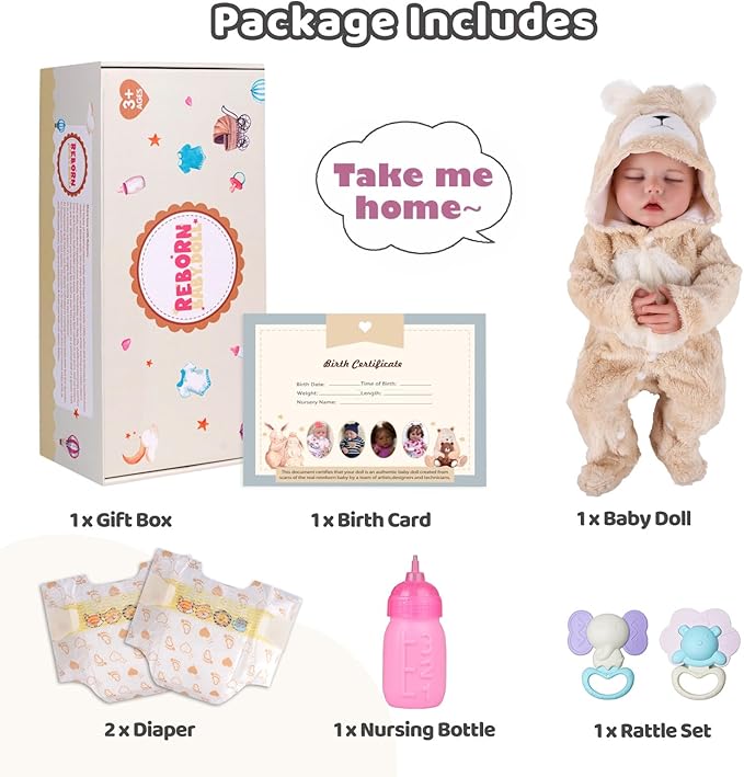 BABESIDE Drink and Wet Reborn Baby Doll – 17 Inch Realistic Sleeping Newborn, Can Drink Water & Pee, Full Body Soft Vinyl Real Life Baby Doll Girl in Bear Outfit, for Kids Age 3+