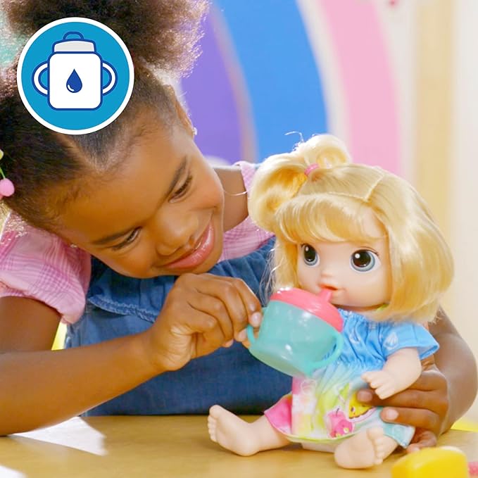 Baby Alive Fruity Sips Doll, Apple, Toys for 3 Year Old Girls, 12-inch Baby Doll Set, Drinks & Wets, Pretend Juicer, Kids 3 and Up, Blonde Hair