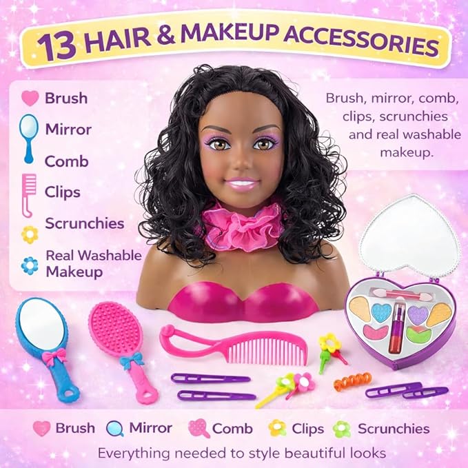 Liberty Imports African American Black Makeup and Hair Styling Doll Head Toy Playset with Real Washable Cosmetic and Fashion Dress Up Accessories for Girls Pretend Play