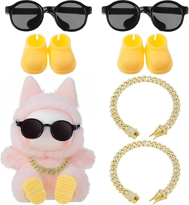 Simgoing 6 Pcs 2 Set Doll Cloth Outfit Accessories for 6.7 inches/ 17 cm, Gold Necklace Chain Shoes Sunglasses (No Doll)