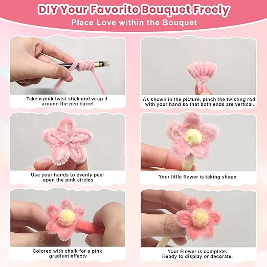 600 PCS Pipe Cleaners Craft, 6 Colors Pipe Cleaner Bulk Flower Kit, Chenille Stems Bulk with Floral Wires, Gardening Tape, Stamen, Wrapping Paper & Ribbon, DIY Art and Craft Supplies - Pink Gradient