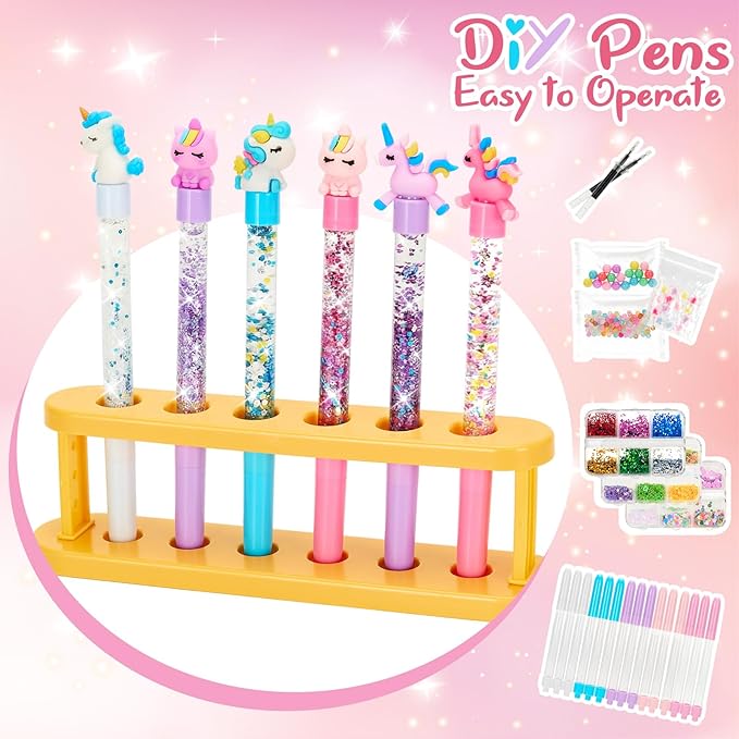Bafeil Unicorn DIY Pen Making Kit, 15 Make Your Own Glitter Pens Creator Studio with Sequins Beads, Creative Arts & Crafts Marker Set, Personalized Colouring Pens Birthday Back School Gift