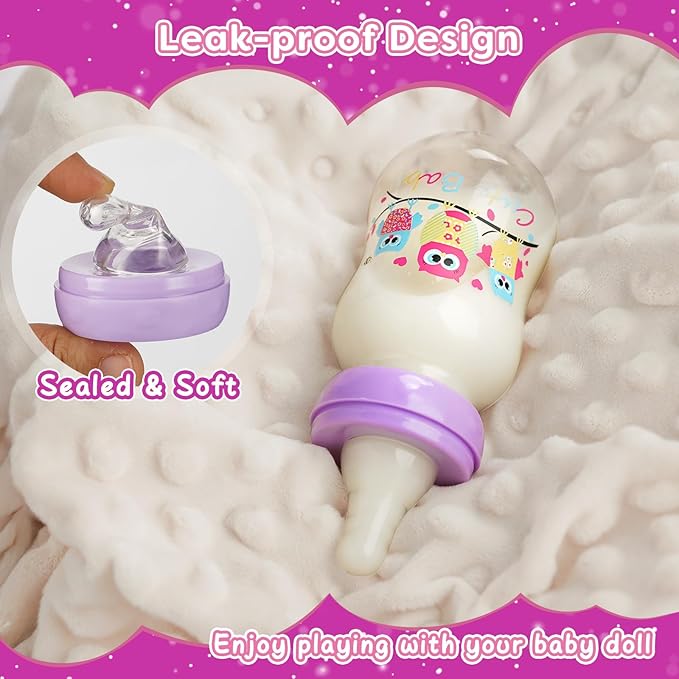 BABESIDE 3 Pcs Baby Doll Bottles Set, Baby Doll Accessories Set with Toy Feeding Bottle and Pacifier Clip Magnetic Pacifier for Realistic Babydolls