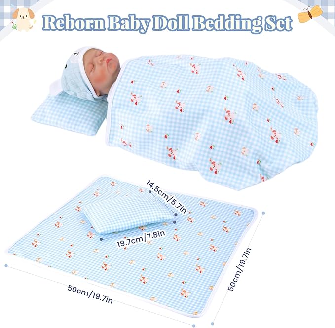 BABESIDE 3 Pcs Baby Doll Bassinet with Bedding Set for 17-22 Inch Babydolls, Cute Puppy Print Baby Dolls Crib Dolls Bed with Pillow Blanket for Reborn Baby Doll Accessories, Blue