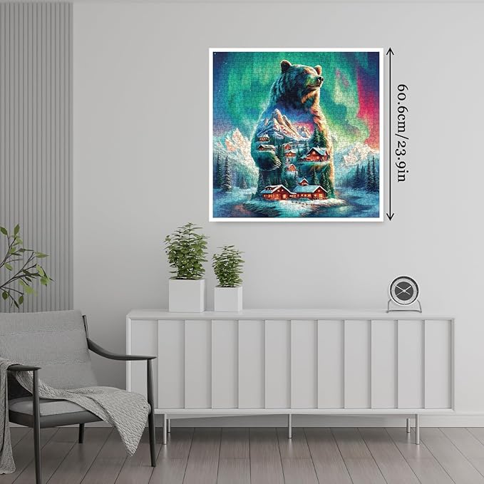 Magic Northern Lights Bear Puzzles for Adults 1000 Pieces, Fantasy Winter Snow Cabin Jigsaw Puzzle, Challenging Aurora Borealis Landscape Art Puzzles