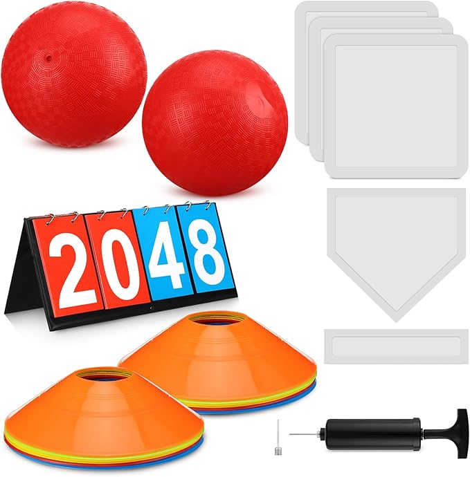 Poen 19 Pcs Sports Kickball Set Including 2 Pcs 10 Inch Playground Ball with Air Pump 5 Rubber Bases 10 Foul Marker Discs and a Flip Scoreboard for Adults Outdoor Backyard Game