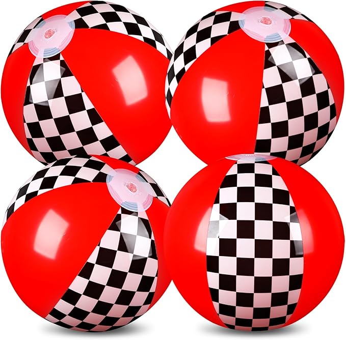 4 Pack Black White Red Beach Balls 11.8" Checkered Flag Themed Inflatable Beach Ball Bulk Race Car Birthday Party Supplies for Summer Pool End of the Year Decoration Favor