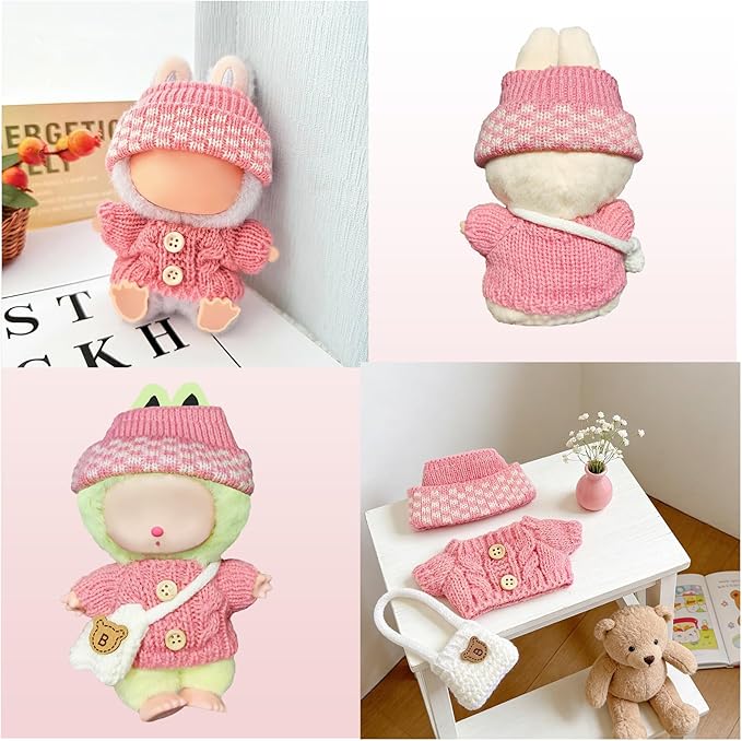 17cm Doll Clothes Set for Lububu, Designer Hand-Crocheted Rose Pink Sweater Outfit with Hat & Crossbody Bag，Cute Ropa Clothing and Accessories for 15cm Have a Seat Series Dolls Girl Dress-Up