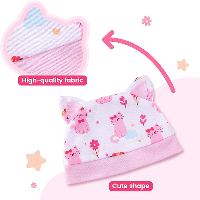 BABESIDE 2 Pcs Reborn Babys Doll Clothes for 17-22 Inch Baby Dolls, Pink Cat Pattern Reborn Baby Dolls Accessories Set with Hat, for Reborn Doll Girls Boys (Dolls not Included)