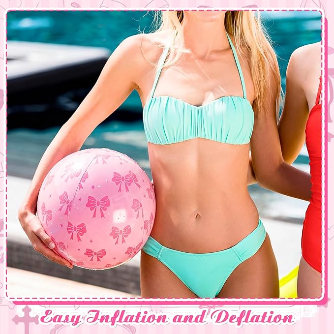 12 Pcs 9 Inch Pink Bow Inflatable Beach Balls Coquette Cute Pool Floats PVC Balls for Summer Hawaiian Tropical Theme Beach Pool Bachelorette Party Supplies (Pink)