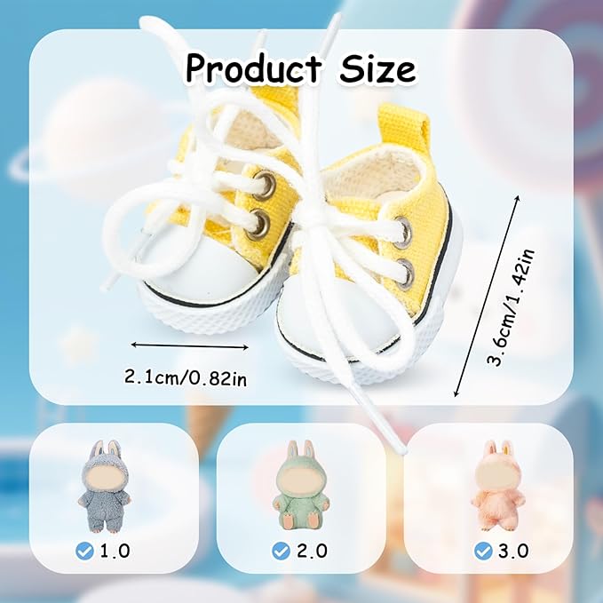 Mini Doll Shoes, 1 Pair Cute Lace Up Canvas Sneakers Compatible for 17cm/15cm Doll Shoes Toy Outfit Accessories (Yellow)
