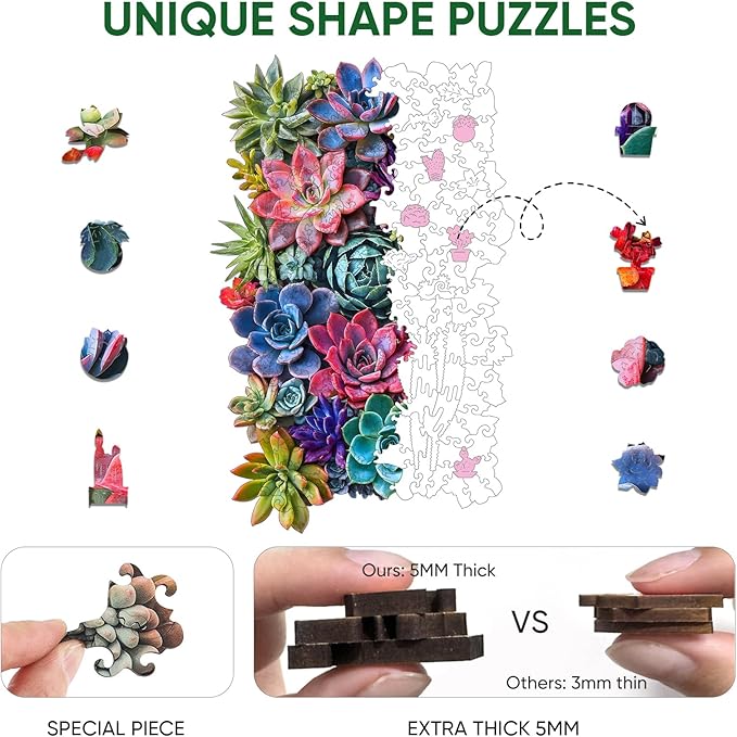 Delobil Rectangular Succulent Wooden Puzzles,500 Pieces Jigsaw Puzzles 18.5'' x11.7'', Unique Design Wooden Puzzles for Adults and Kids, Family Game Gift Royal Size