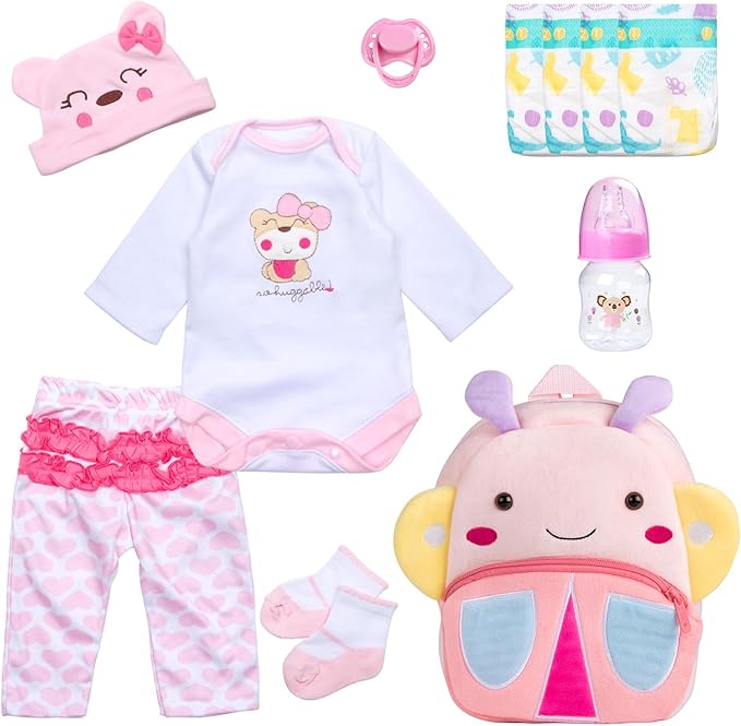Pedolltree 11 Pcs Set Reborn Baby Dolls Clothes Girl Outfit Accessories for 17-22 Inch Reborn Doll Newborn Girl with Butterfly Backpack Diaper