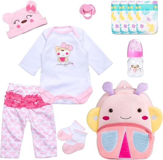 Pedolltree 11 Pcs Set Reborn Baby Dolls Clothes Girl Outfit Accessories for 17-22 Inch Reborn Doll Newborn Girl with Butterfly Backpack Diaper
