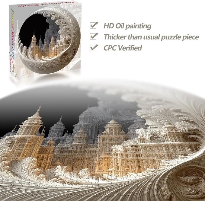 Bgraamiens Round Jigsaw Puzzle 1000 Pieces – Fractal Moon City – Expert-Level Circular Design for Adults – Baroque Architecture with Surreal Spiral Art