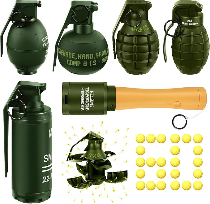 Sratte 6 Pcs Toy Hand Grenade for CS Battle Game, Fake Tactical CS-Grenade Toys with 60 Foam Ammo Fun Impact Pull Ring Grenade for 14+ and Adult Outdoor Sports(6,Green)