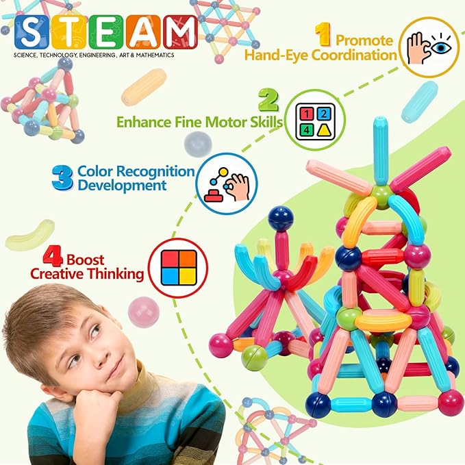COUOMOXA Magnetic Building Blocks STEM for Kids: Educational Magnetic Set for 6-9+Years Old for Boys Girls - Construction Toys for Early Development Learning for Kids