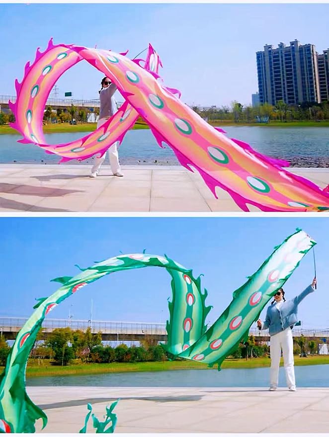Square Exercise Dance Outdoor Flinging Fitness Dragon POI Wu Long 3D Real-Like Dragon Ribbon Streamer Set (26.2ft, Pink Phoenix)