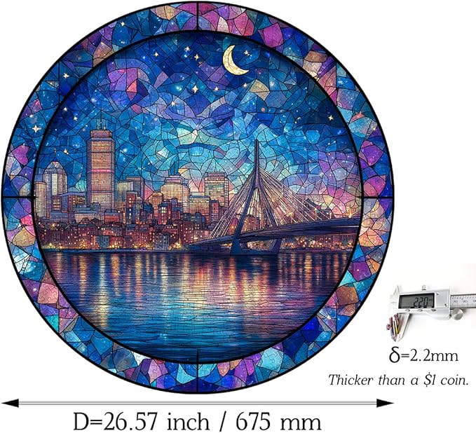 Bgraamiens 1000 Piece Jigsaw Puzzles for Adults – Stained Glass Boston Skyline – Moonlit City View with Bridge and Reflections – Artistic Nighttime Challenge Gift
