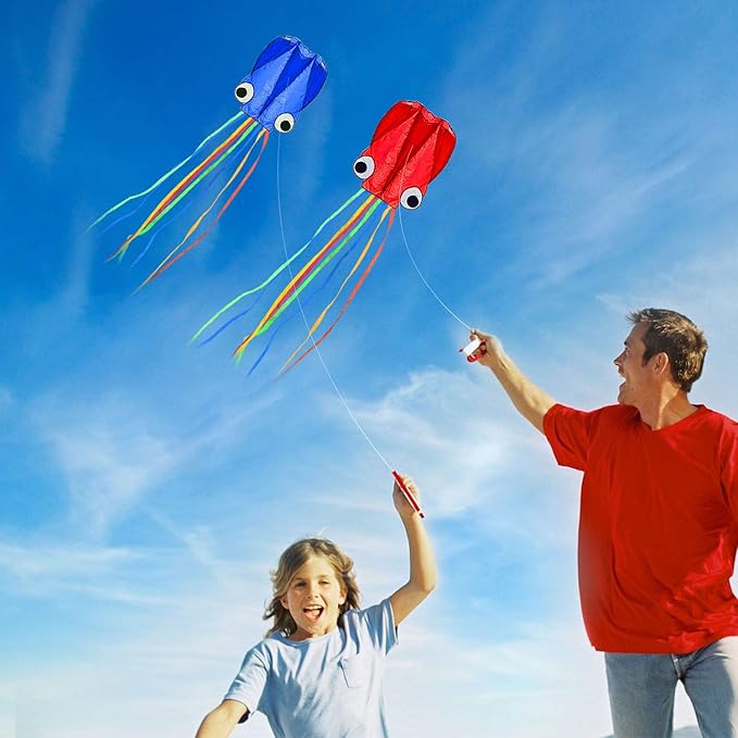 Large Octopus Kites, Long Tail Beautiful Easy Flyer Beach Kites, Good Kite for Kids and Adults Easy to Fly(Red+Blue)