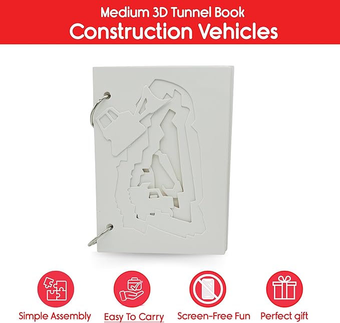 EyeConnect Crafts DIY Medium 3D Tunnel Book - Construction Vehicles | Creative Pop-in STEAM Craft Set for Kids & Teens | Build Paint & Customize with Mini Characters | Fun Pop-Up Art Activity Kit