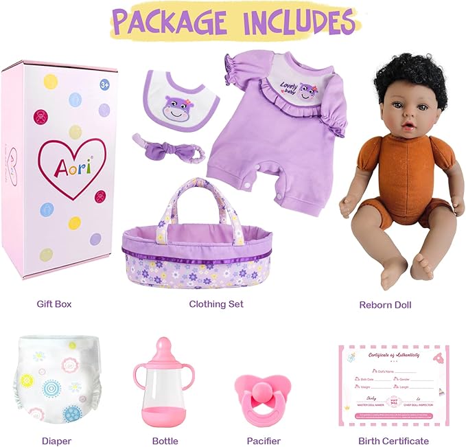 Aori Reborn Baby Dolls Black American Girl - 18" Lifelike Newborn Doll with Posable Limbs Weighted Body for Realistic Feel Handmade Collectible Gift Set Including Bassinet Outfit & Accessories