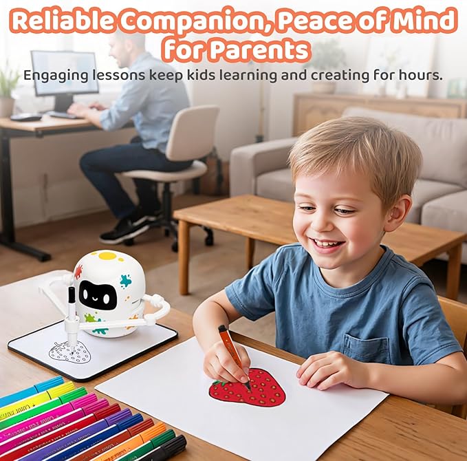 Mewaii Drawing Robot for Kids with 150 Cards, Interactive Educational Drawing Machine with Music, Erasable Board & 12 Crayons, Montessori Learning Toy, Birthday Gift for Boys Girls 5-8