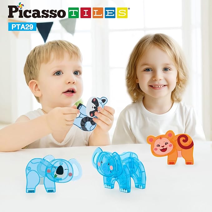 PicassoTiles Magnet Tile Animal Friends Action Figure Playset Mix or Match Figurine Wildlife Character Toy STEM Learning Construction Building Magnetic Tiles Educational Pretend Play Kit Ages 3+ PTA29