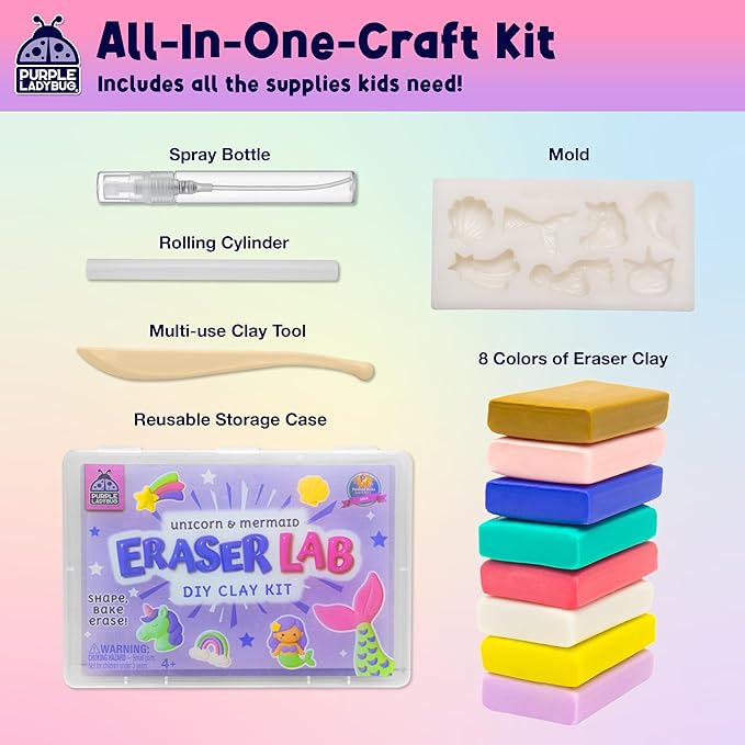 Eraser Lab DIY Clay Cute Eraser Kit for Girls - Unicorn & Mermaid Theme - Fun Craft Activity for Girls Aged 4 5 6 7 8 9 10, Back to School Supply, Birthday Gift Idea