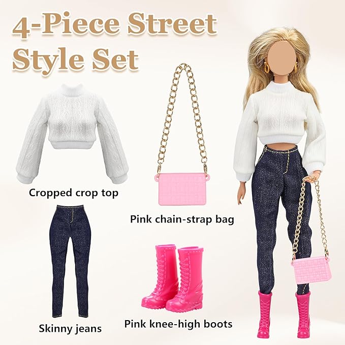 11.5 Inch Doll Clothes Set - 5 Outfits Fashion Doll Clothing & Accessories, Casual Wear Dresses, Jeans, Tops, Skirts, Fur Coats, Bags, Hats, Boots for 11.5" Fashion Dolls, Gift for Girls(22)