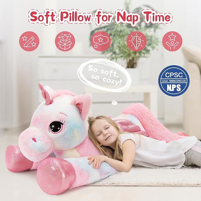 Tezituor 43 Inch Rainbow Pink Unicorn Stuffed Animal with Wing, Giant Stuffed Unicorn Plush Toys for Girls Kids Boys Women,Soft Plushie Gifts for Valentines Day,Christmas, Birthday Party