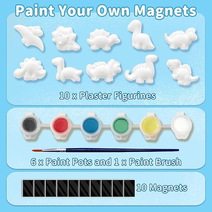 Funto Dinosaur Painting Kit for Kids, Paint Your Own Figurines with Magnet, 27 PCS Crafts Set, Ceramics to Paint, STEAM Projects Creative Activity DIY