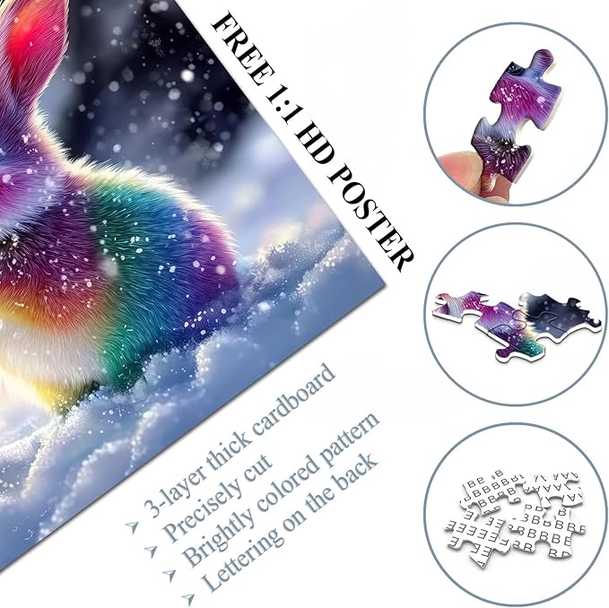 PICKFORU Snowy Hued Rabbit Jigsaw Puzzles 1000 Pieces,Colorful Cute Snow Rabbit Puzzles for Adults,Unique Nature Animal Puzzle as Home Decor