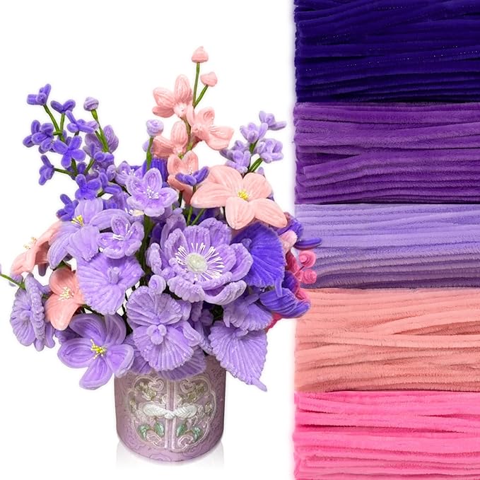 Peryiter 500 Pieces Pipe Cleaners Chenille Stems for Flowers Craft Supplies Bulk Fluffy Fuzzy Sticks for DIY Art Projects Creative Gift Wrapping Party Decorations (Dark Pink & Purple Flower,12 Inch)