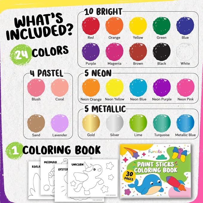 24 Tempera Paint Sticks for Kids with Coloring Book - Washable, Non-Toxic Markers for Toddlers | Works on Paper, Canvas, Wood, Cardboard - Art Craft Supplies, Painting Crayons Ages 1 2 3 4 5 6