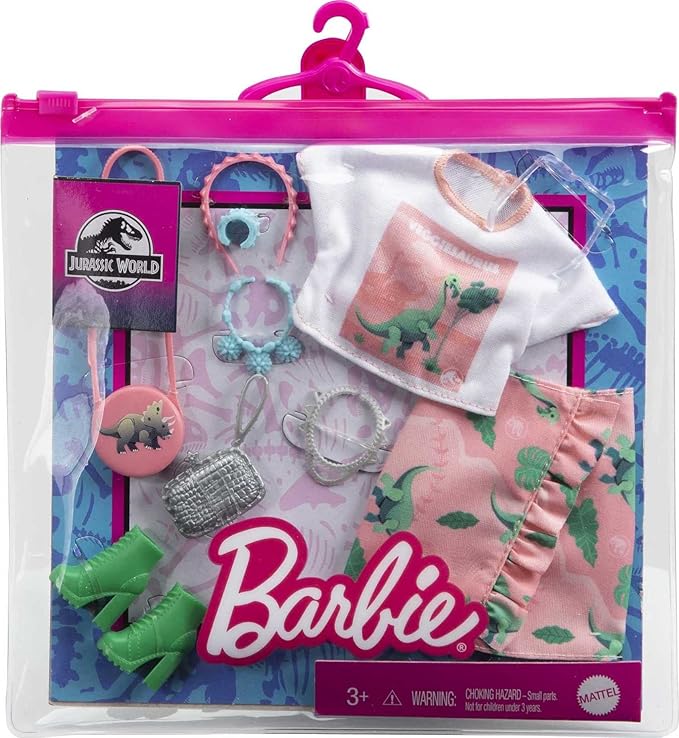 Barbie Fashion Pack of Doll Clothes Inspired by Jurassic World, Collectible Set Includes Crop Top & Skirt with Dinosaur Theme & 8 Accessories