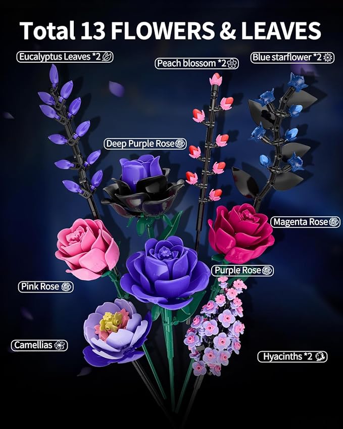 Flowers Bouquet Building Set - Purple Roses Botanical Collection Building Blocks for Adult Women, Artificial Flowers Gothic Home Decor Mother's Day Birthday Gift for Adults Kids Girls 6-12 (806PCS)
