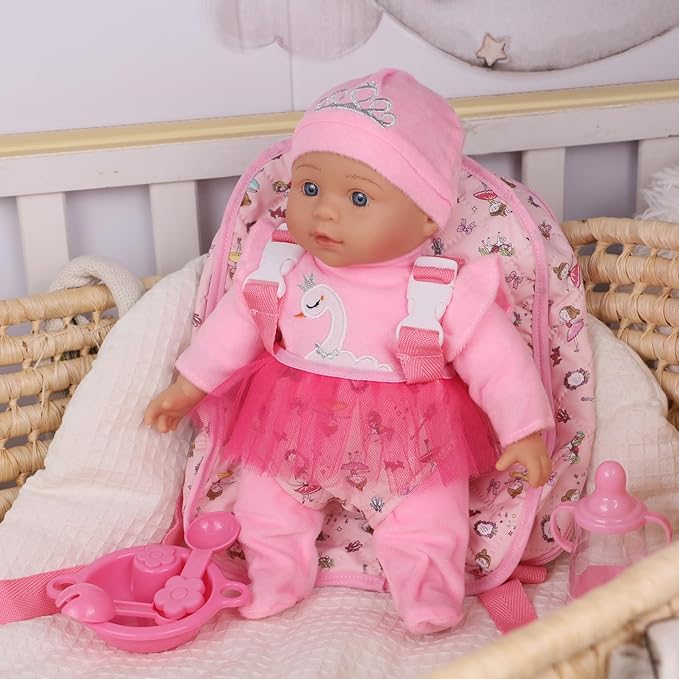 13" Soft Baby Doll with Take Along Pink Doll Backpack Carrier, 6 Piece Play Set with Bottle & Accessories(Pink)
