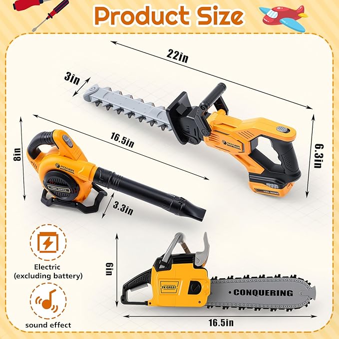 3 Pcs Toy Gardening Tool Set for Kids Toy Leaf Blower Chainsaw Hedge Trimmer Play Set with Lights and Sounds Birthday Gifts for Christmas Boys Girls