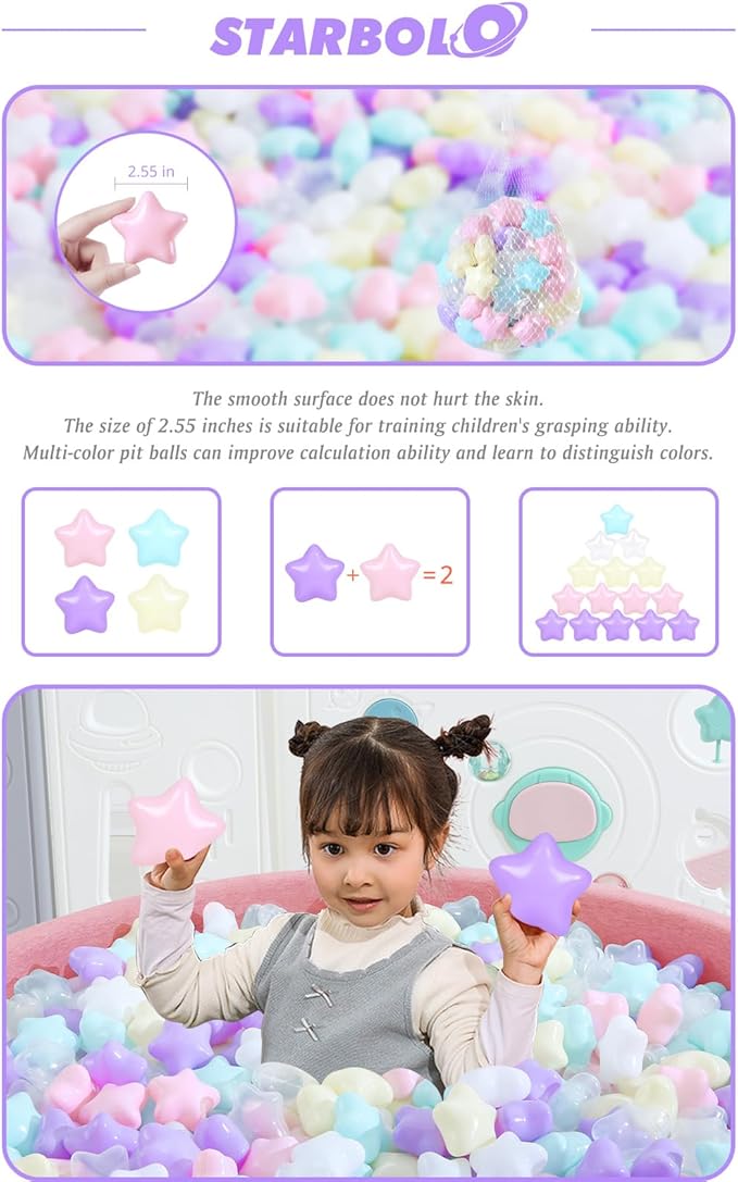 STARBOLO Ball Pit Balls for Toddlers Pack of 100 200 500 - BPA&Phthalate Free Non-Toxic Crush Proof Soft Plastic Balls for 1-5Years Old Toddlers Girl Kids Birthday Pool Playpen Tent Party